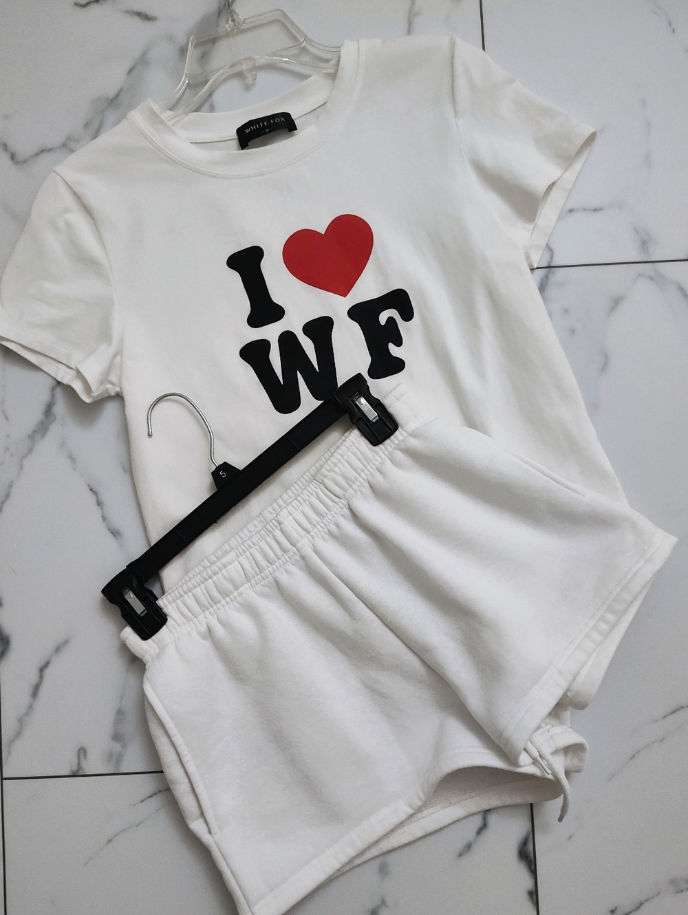 White Fox Relaxed Baby Tee (Med) and Lounge Shorts (XS) Frosting